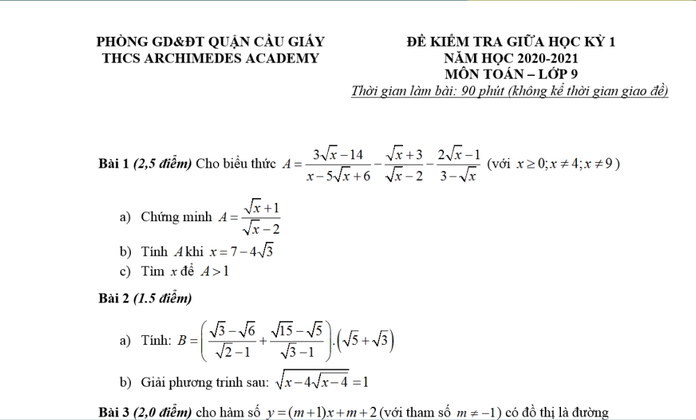 Toán 9: Đề kiểm tra giữa học kỳ 1. Trường THCS Archimedes Academy năm học 2020-2021